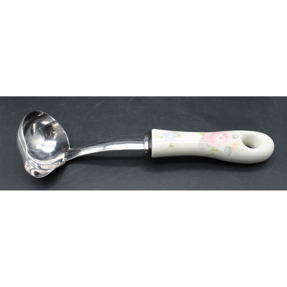 Cottagecore Floral Pink White Ceramic Handle Gravy Ladle Stainless Steel Vintage
